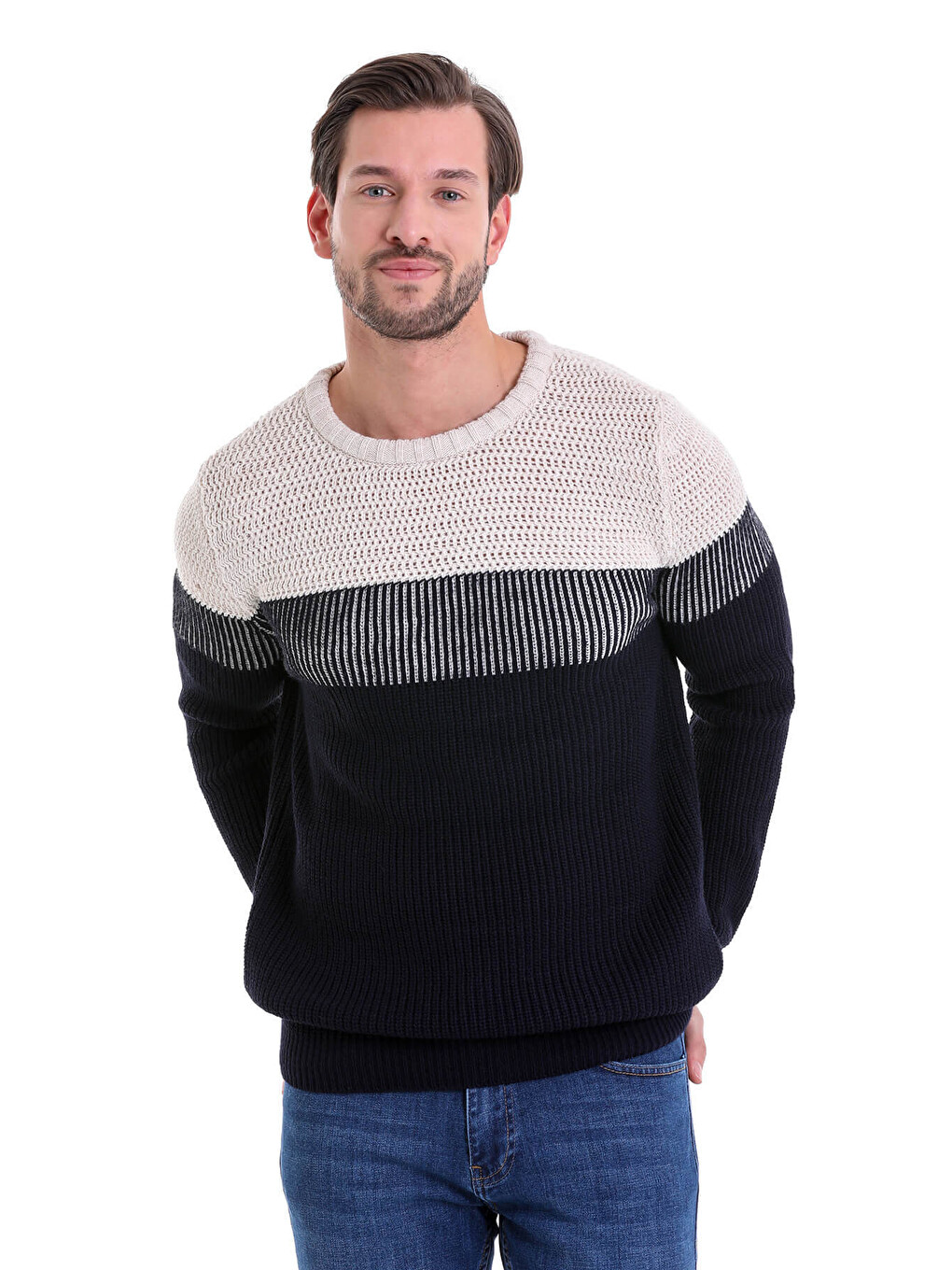 Lacivert Comfort Fit Desenli Bisiklet Yaka Triko Kazak-1