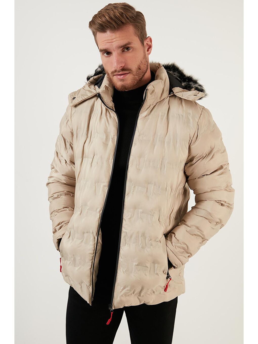 Ekru Slim Fit Fermuarlı Çıkarılabilir Kapüşonlu Şişme Mont 5760065