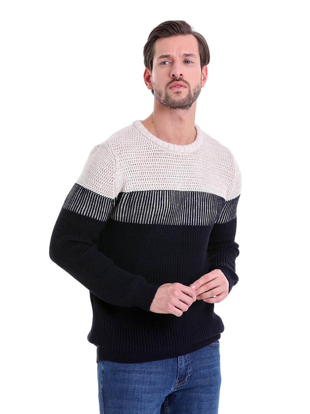 Lacivert Comfort Fit Desenli Bisiklet Yaka Triko Kazak-2