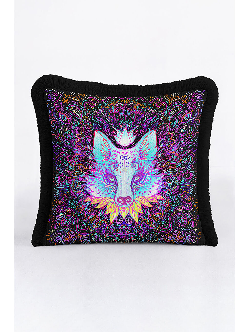 Karışık Etnik Sanat Saçaklı Yastık Kılıfı - Renkli Motifi Bohem Siyah Mor Püsküllü Kırlent Kılıfı-1