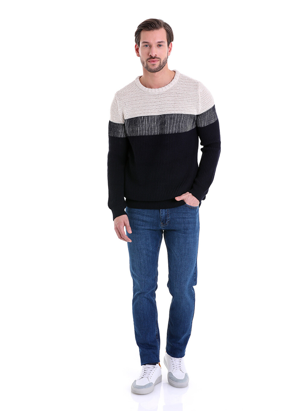 Lacivert Comfort Fit Desenli Bisiklet Yaka Triko Kazak-3