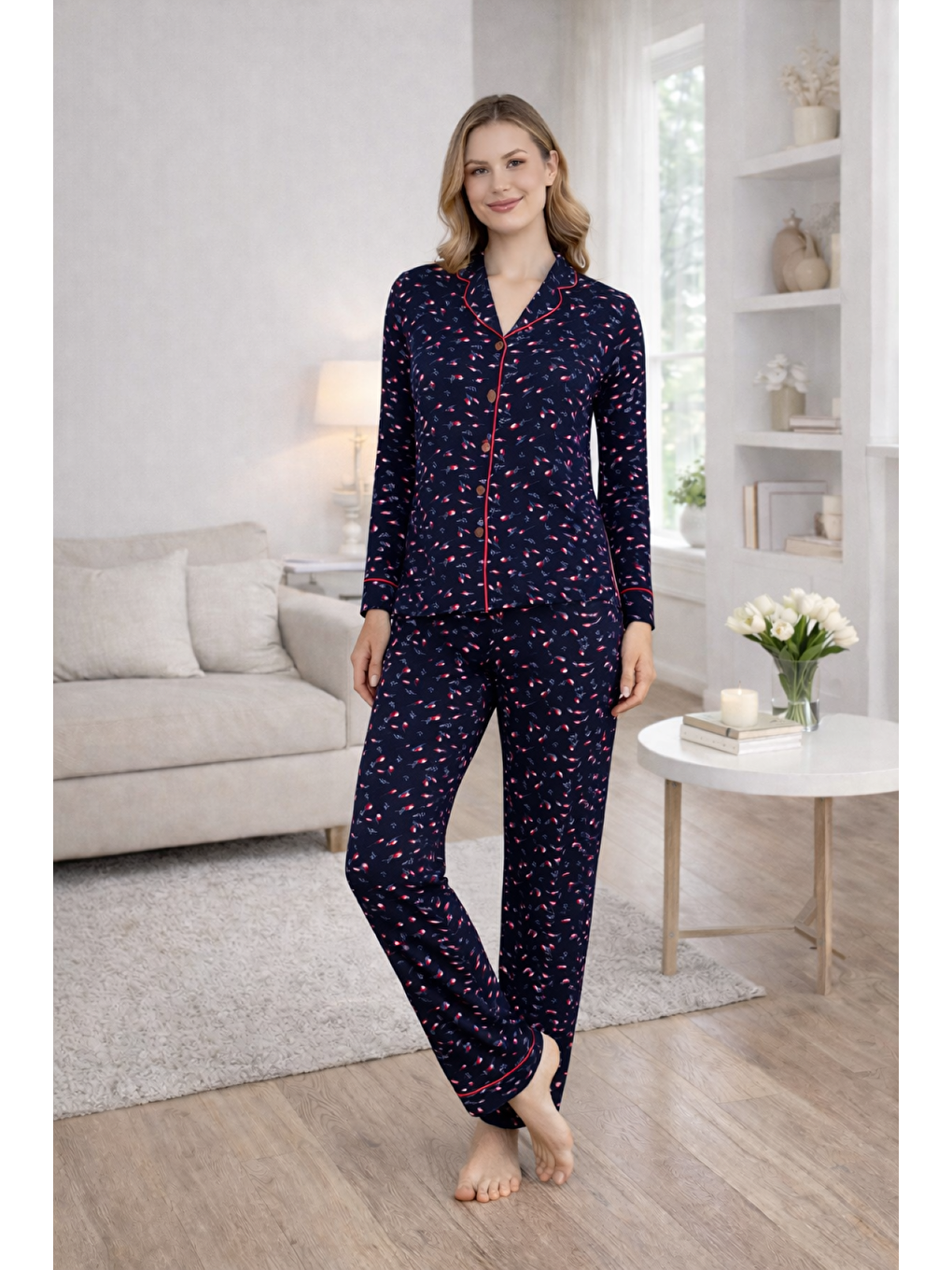 Lacivert PREMIUM Kadın Viskon Gömlek Yaka Boydan Düğmeli Biyeli Yüksek Kalite Uzun Kollu Pijama Takımı