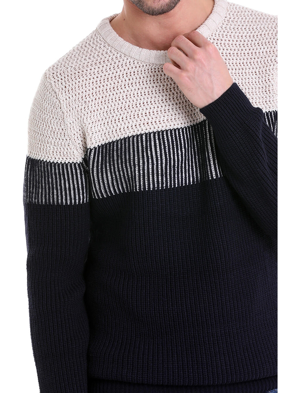 Lacivert Comfort Fit Desenli Bisiklet Yaka Triko Kazak-4