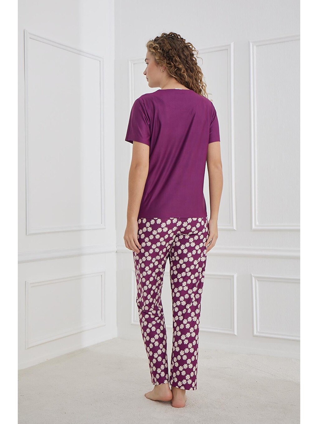 Kadın Papatya Desenli Bisiklet Yaka Pijama Takım | Mor 30102-1284-2