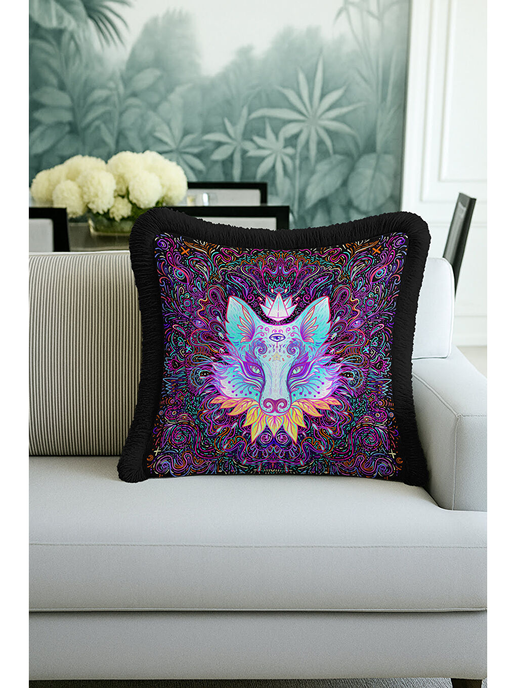 Karışık Etnik Sanat Saçaklı Yastık Kılıfı - Renkli Motifi Bohem Siyah Mor Püsküllü Kırlent Kılıfı-2