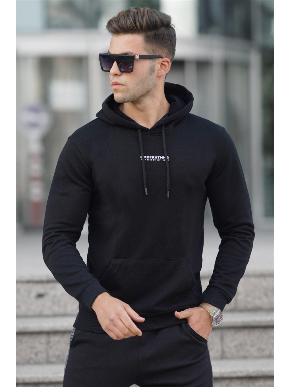 Siyah Baskılı Erkek Kapüşonlu Sweatshirt Hoodie 5306-1