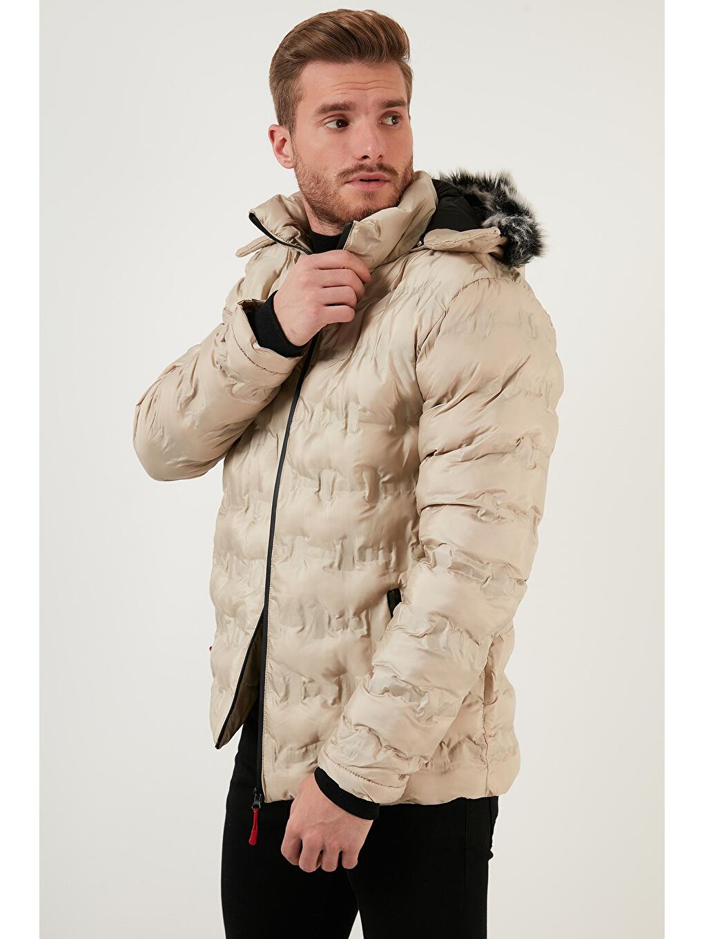 Ekru Slim Fit Fermuarlı Çıkarılabilir Kapüşonlu Şişme Mont 5760065-1