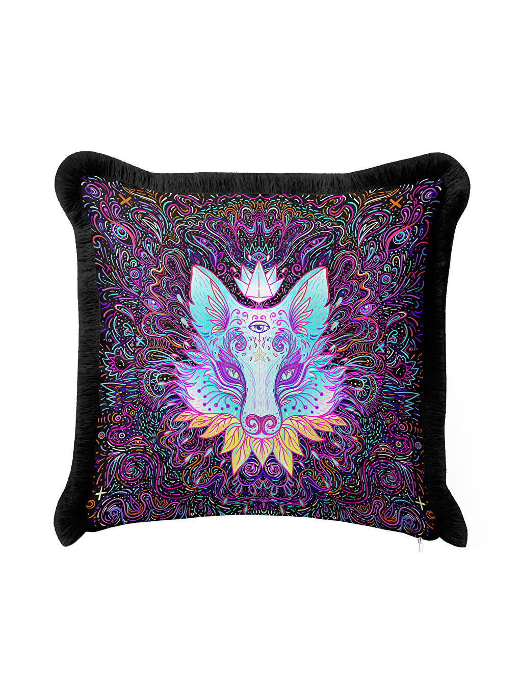 Karışık Etnik Sanat Saçaklı Yastık Kılıfı - Renkli Motifi Bohem Siyah Mor Püsküllü Kırlent Kılıfı-3