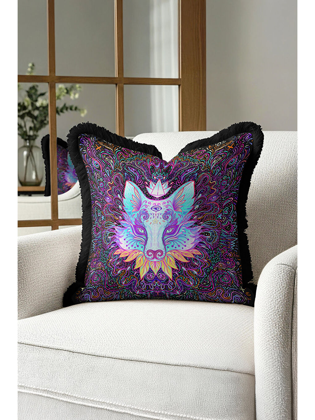 Karışık Etnik Sanat Saçaklı Yastık Kılıfı - Renkli Motifi Bohem Siyah Mor Püsküllü Kırlent Kılıfı-4