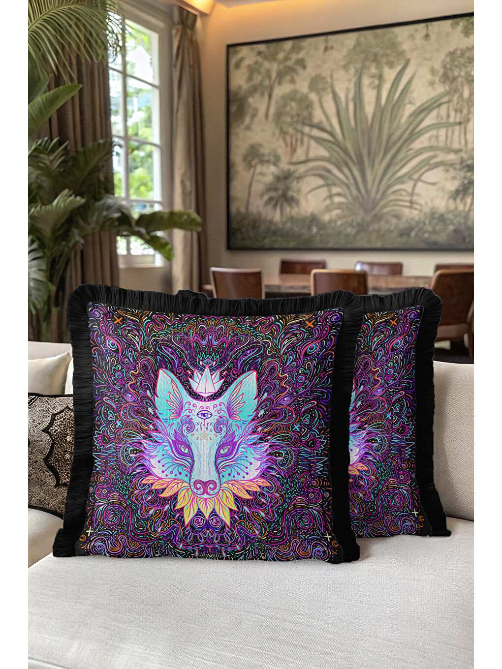 Karışık Etnik Sanat Saçaklı Yastık Kılıfı - Renkli Motifi Bohem Siyah Mor Püsküllü Kırlent Kılıfı-5