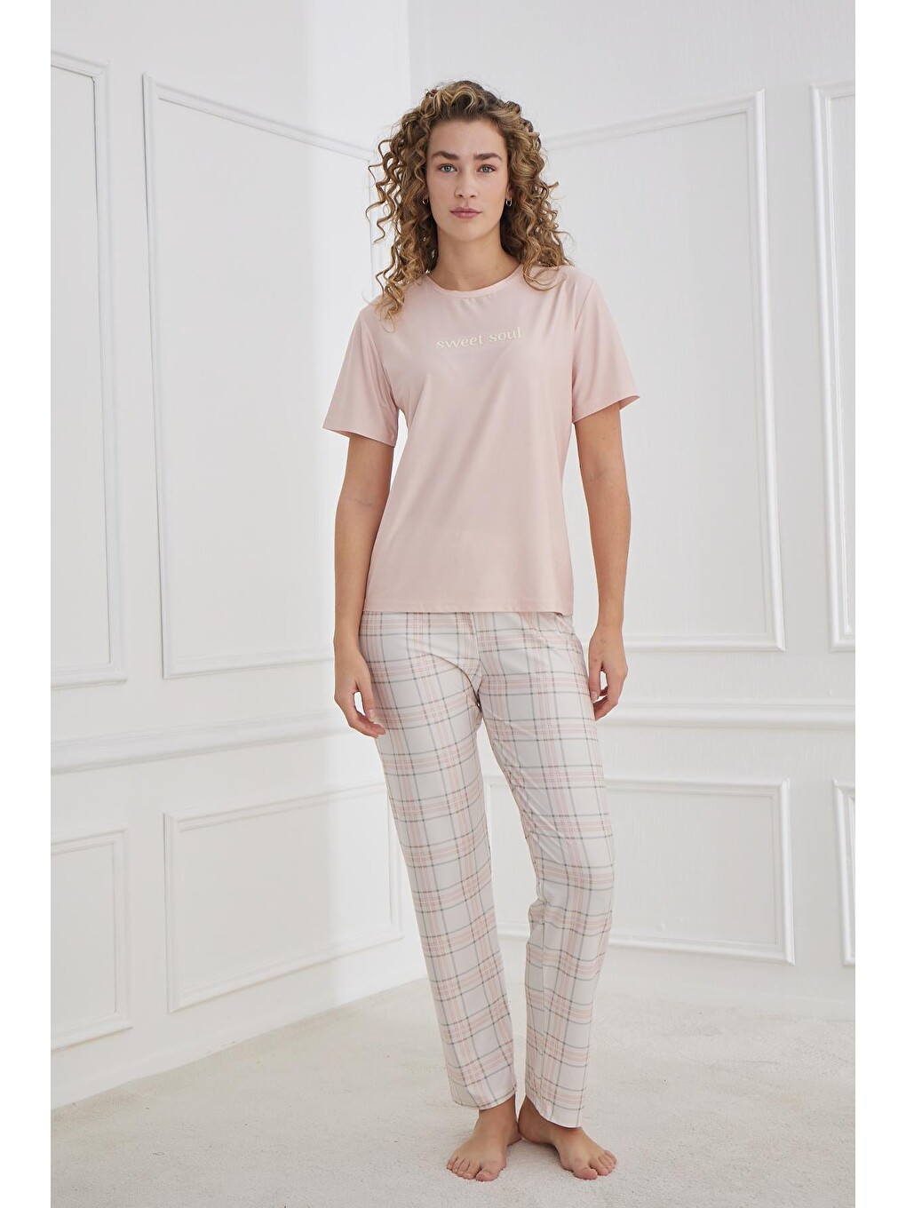 Pembe Kadın Ekose Desenli Bisiklet Yaka Pijama Takım | Pudra 30102-1285