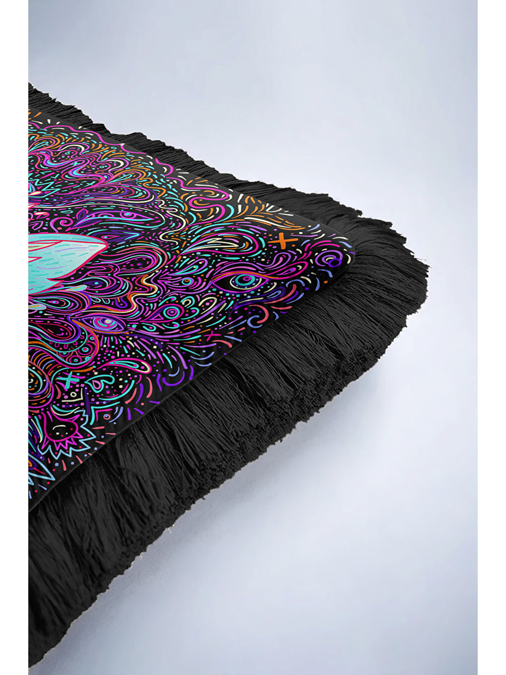 Karışık Etnik Sanat Saçaklı Yastık Kılıfı - Renkli Motifi Bohem Siyah Mor Püsküllü Kırlent Kılıfı-6