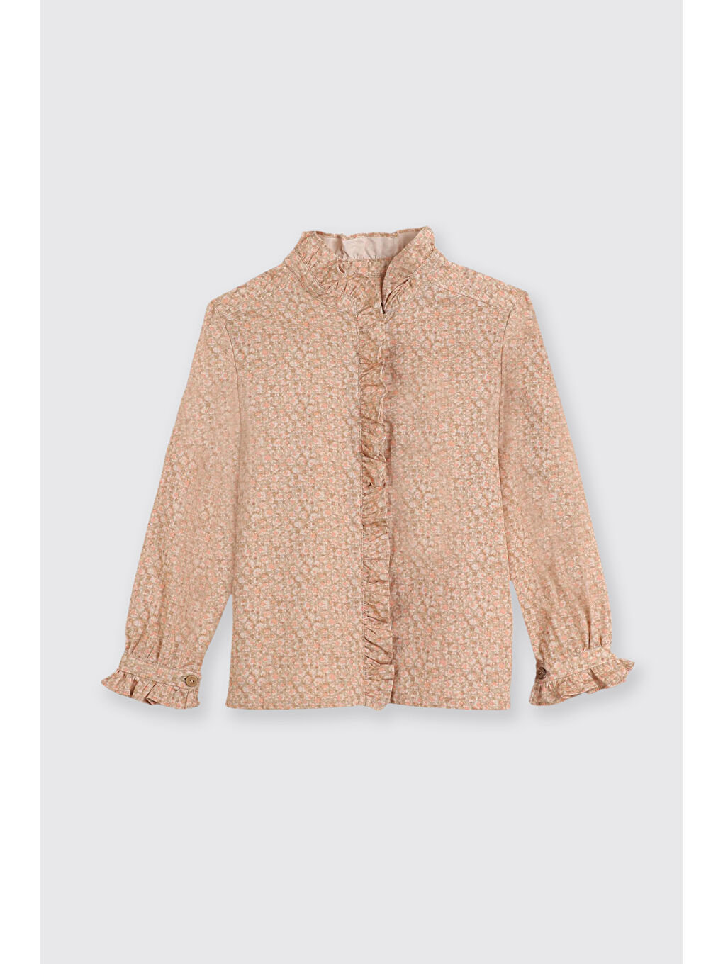 Kız Çocuk Fırfır Detaylı Çiçek Desenli Bej Gömlek
