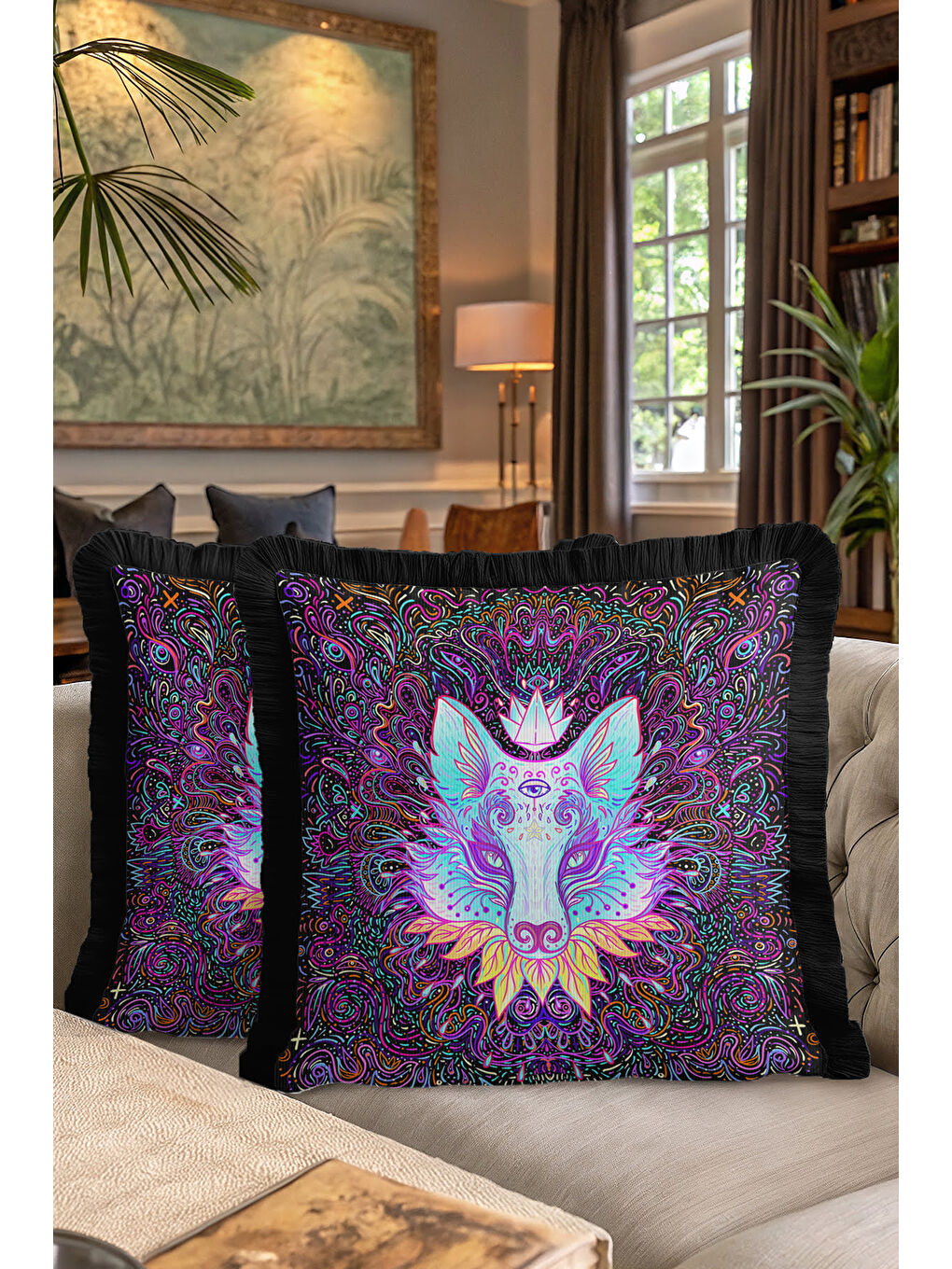 Karışık Etnik Sanat Saçaklı Yastık Kılıfı - Renkli Motifi Bohem Siyah Mor Püsküllü Kırlent Kılıfı-7