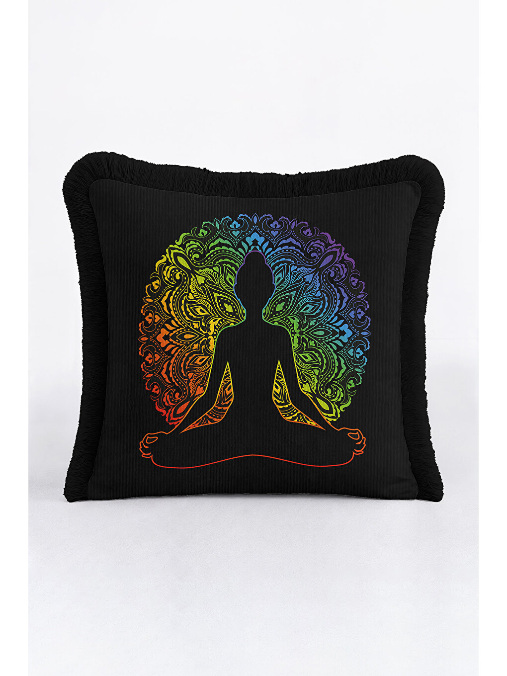 Karışık Mandala Meditasyon Saçaklı Yastık Kılıfı - Chakra Bohem Siyah Renkli Püsküllü Kırlent Kılıfı