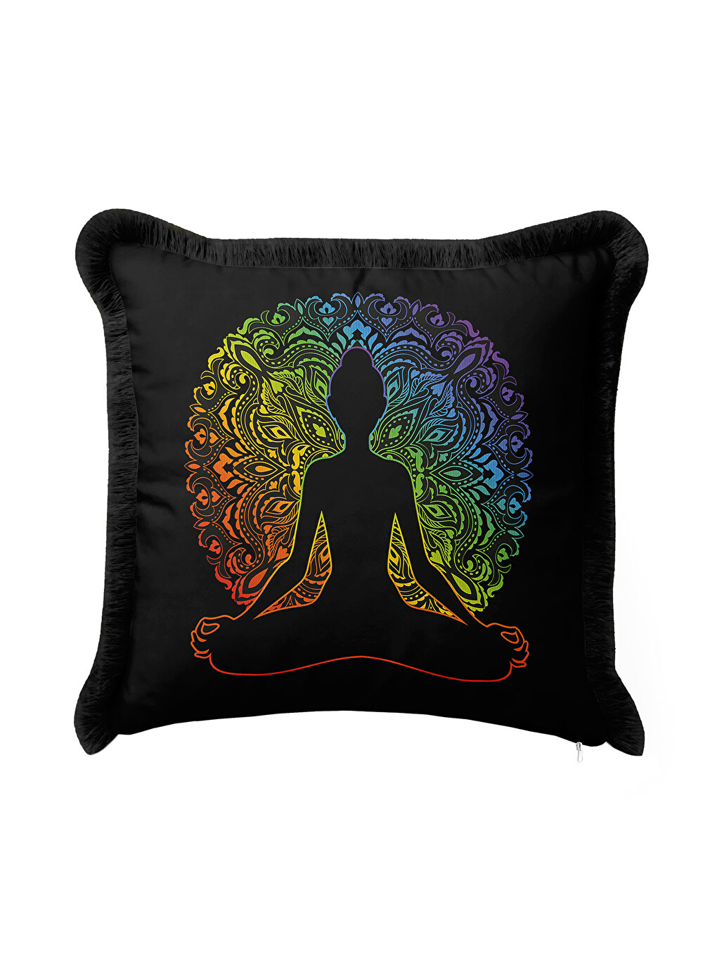 Karışık Mandala Meditasyon Saçaklı Yastık Kılıfı - Chakra Bohem Siyah Renkli Püsküllü Kırlent Kılıfı-1