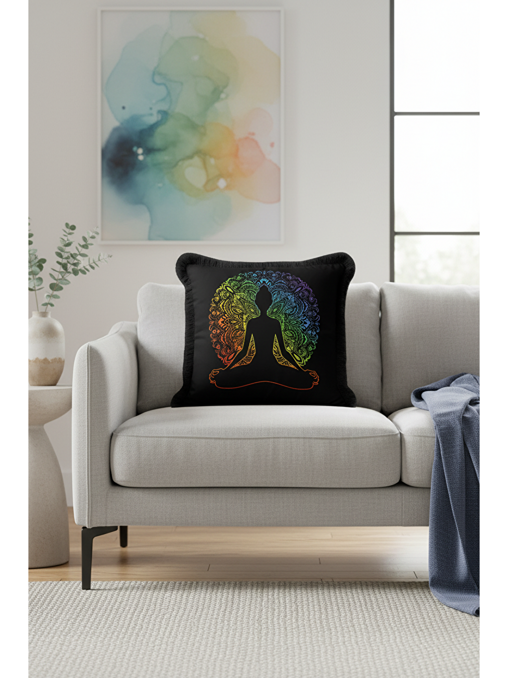 Karışık Mandala Meditasyon Saçaklı Yastık Kılıfı - Chakra Bohem Siyah Renkli Püsküllü Kırlent Kılıfı-2