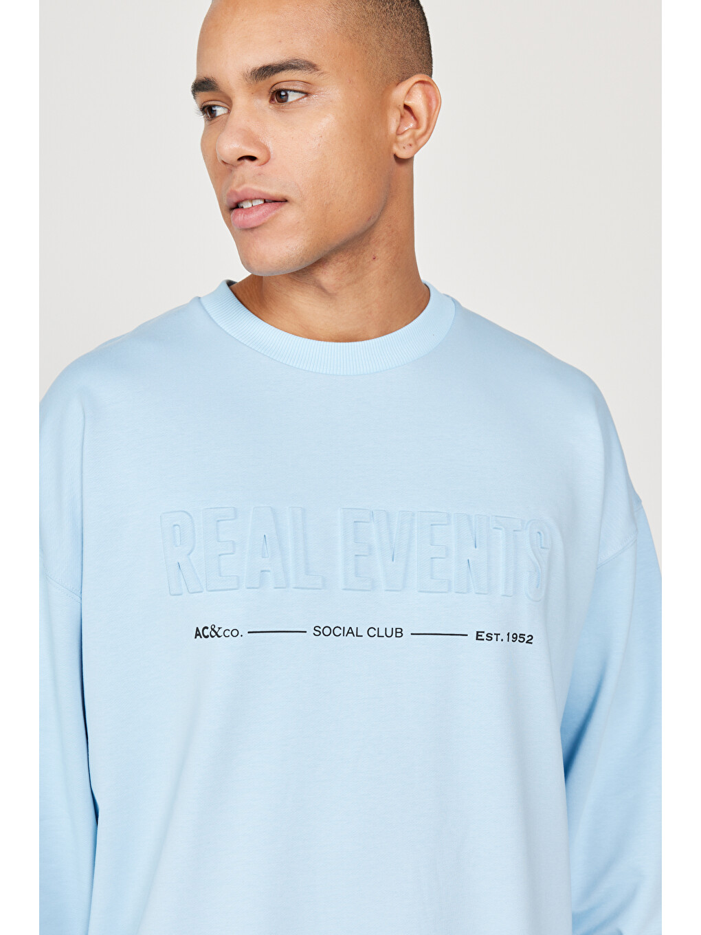 Erkek Mavi Oversize Bol Kesim Bisiklet Yaka Pamuklu Sweatshirt-3