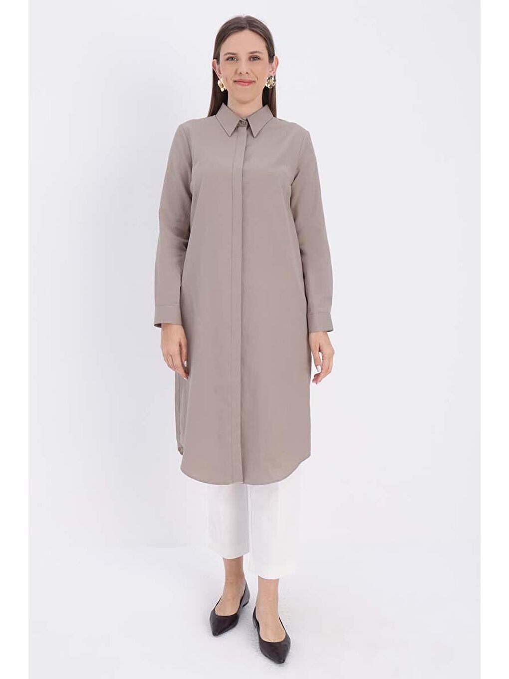Bej Vizon Basic Gizli Patlı Uzun Gömlek-1