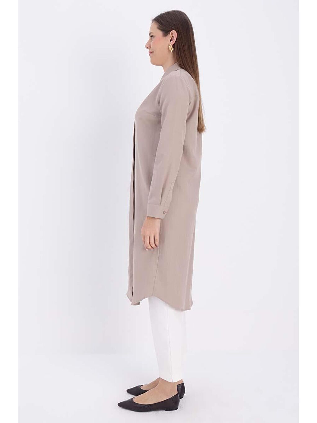 Bej Vizon Basic Gizli Patlı Uzun Gömlek-2