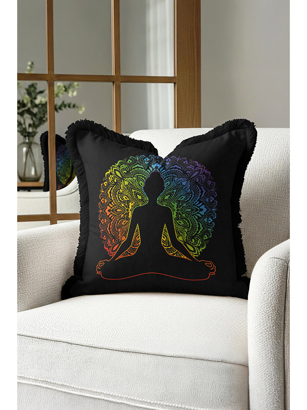 Karışık Mandala Meditasyon Saçaklı Yastık Kılıfı - Chakra Bohem Siyah Renkli Püsküllü Kırlent Kılıfı-3