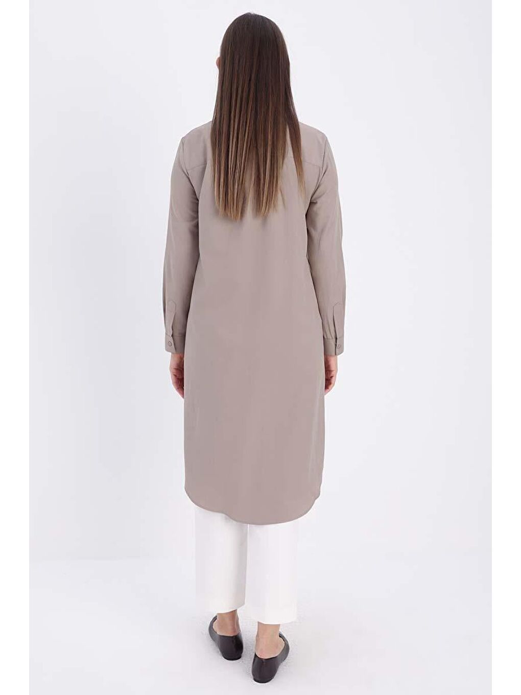 Bej Vizon Basic Gizli Patlı Uzun Gömlek-3