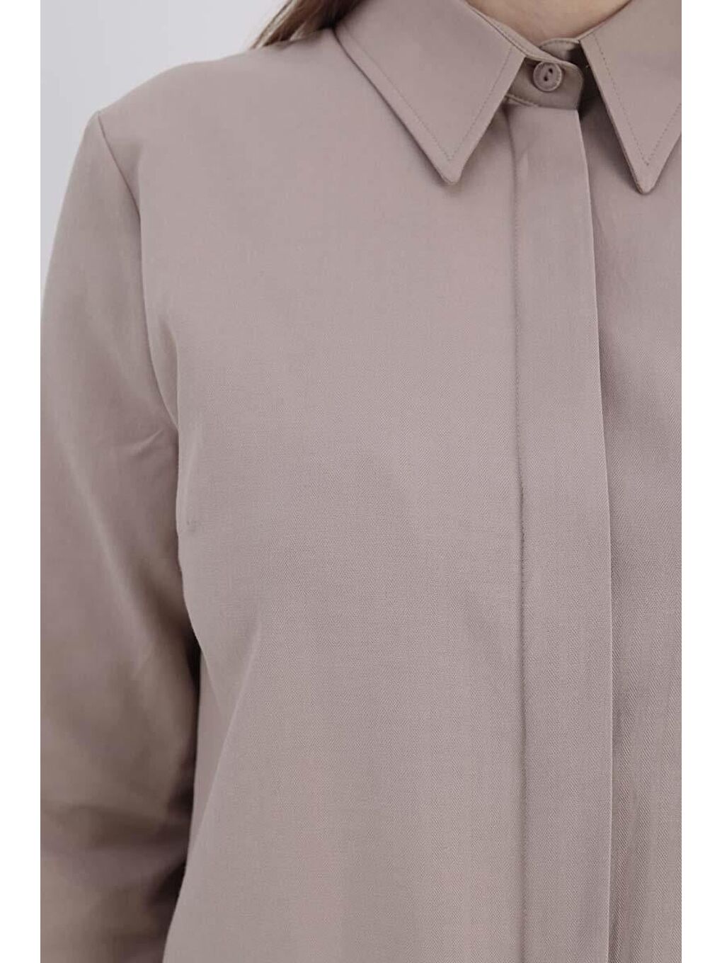 Bej Vizon Basic Gizli Patlı Uzun Gömlek-4