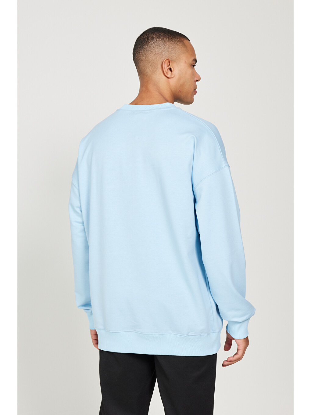 Erkek Mavi Oversize Bol Kesim Bisiklet Yaka Pamuklu Sweatshirt-5