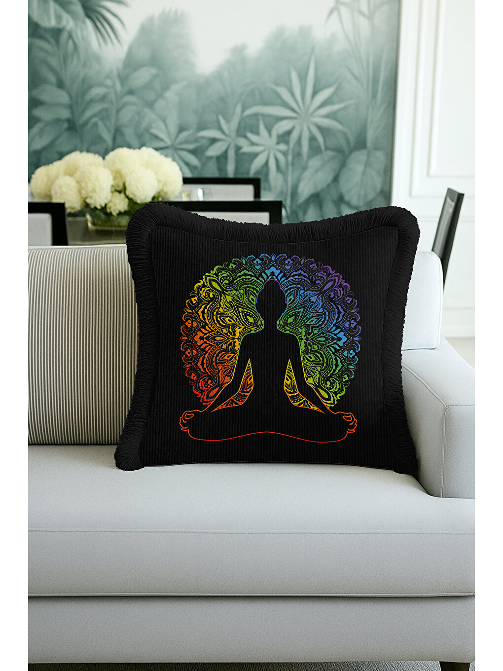 Karışık Mandala Meditasyon Saçaklı Yastık Kılıfı - Chakra Bohem Siyah Renkli Püsküllü Kırlent Kılıfı-4