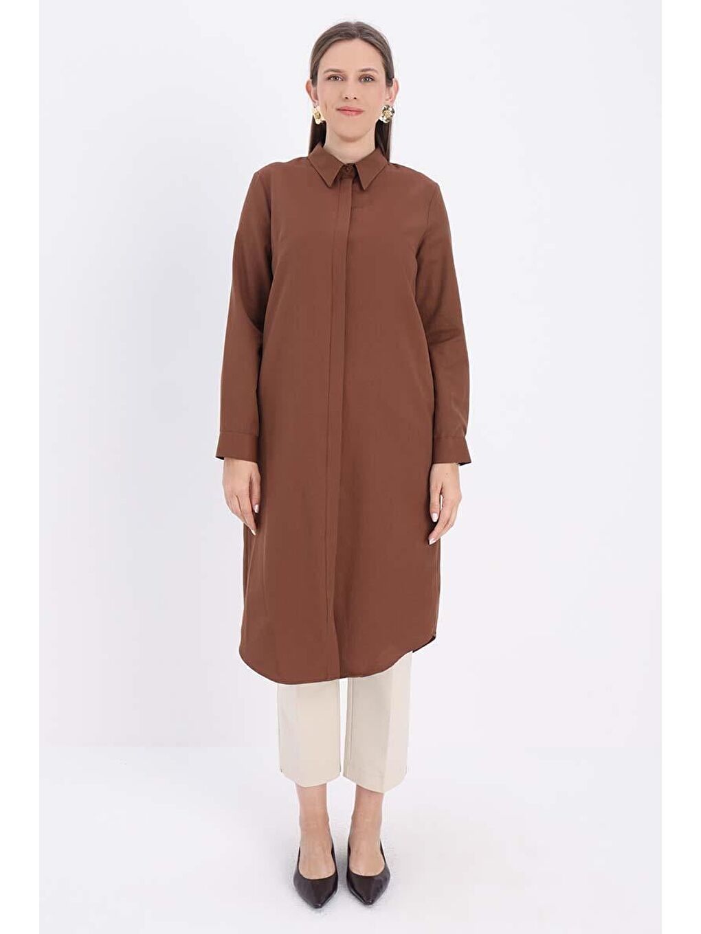 Kahverengi Kahve Basic Gizli Patlı Uzun Gömlek-1