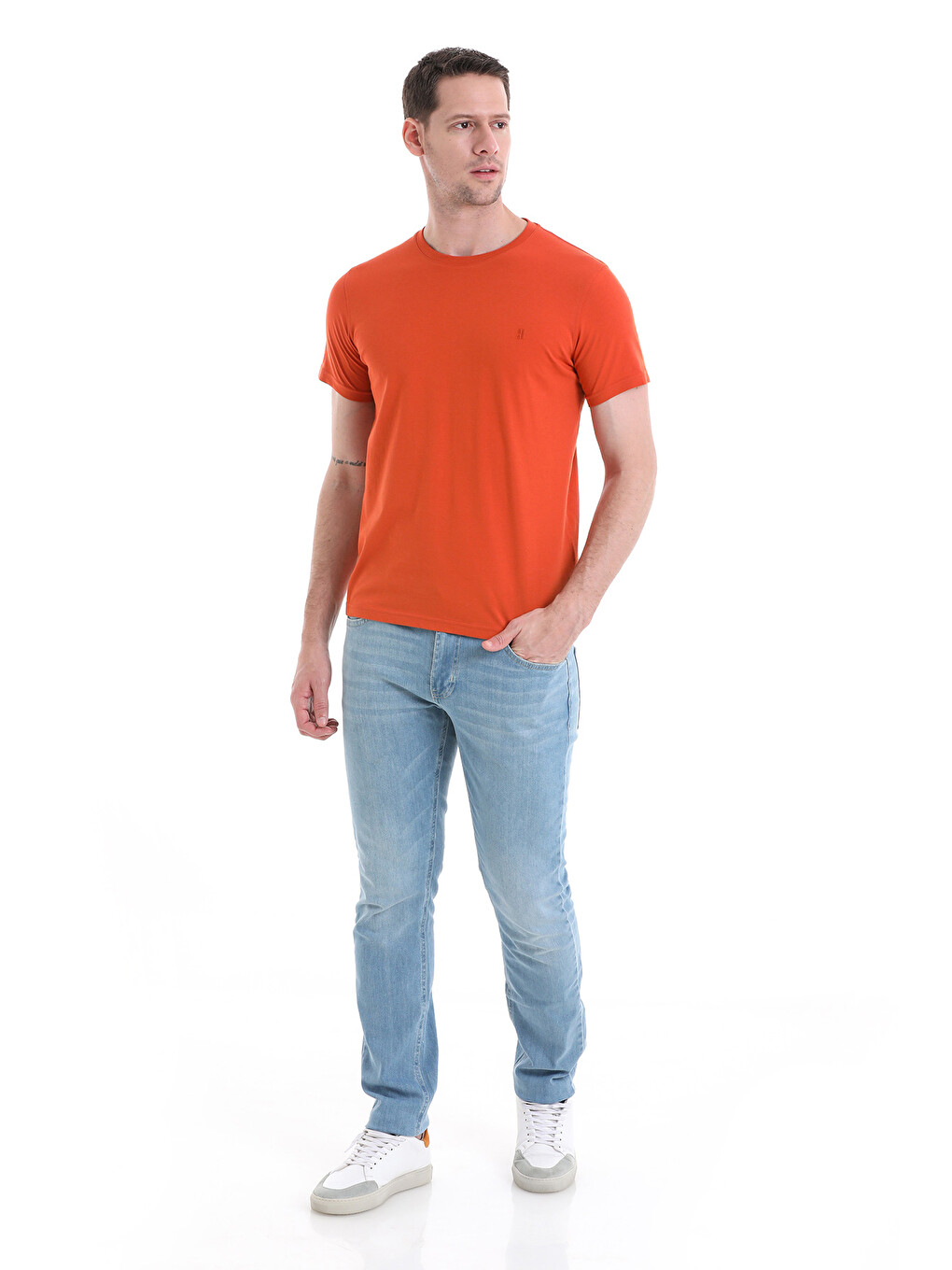Kahverengi Kiremit Regular Fit Bisiklet Yaka 100% Pamuk Tişört-1
