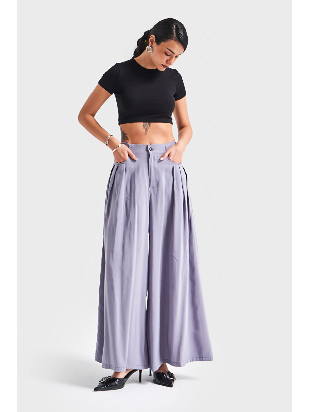 Kadın Açık Antrasit Renk Süper Palazzo Fit Dökümlü Kumaş Tasarım Pantolon-3