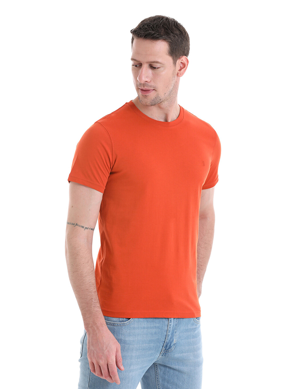 Kahverengi Kiremit Regular Fit Bisiklet Yaka 100% Pamuk Tişört-2