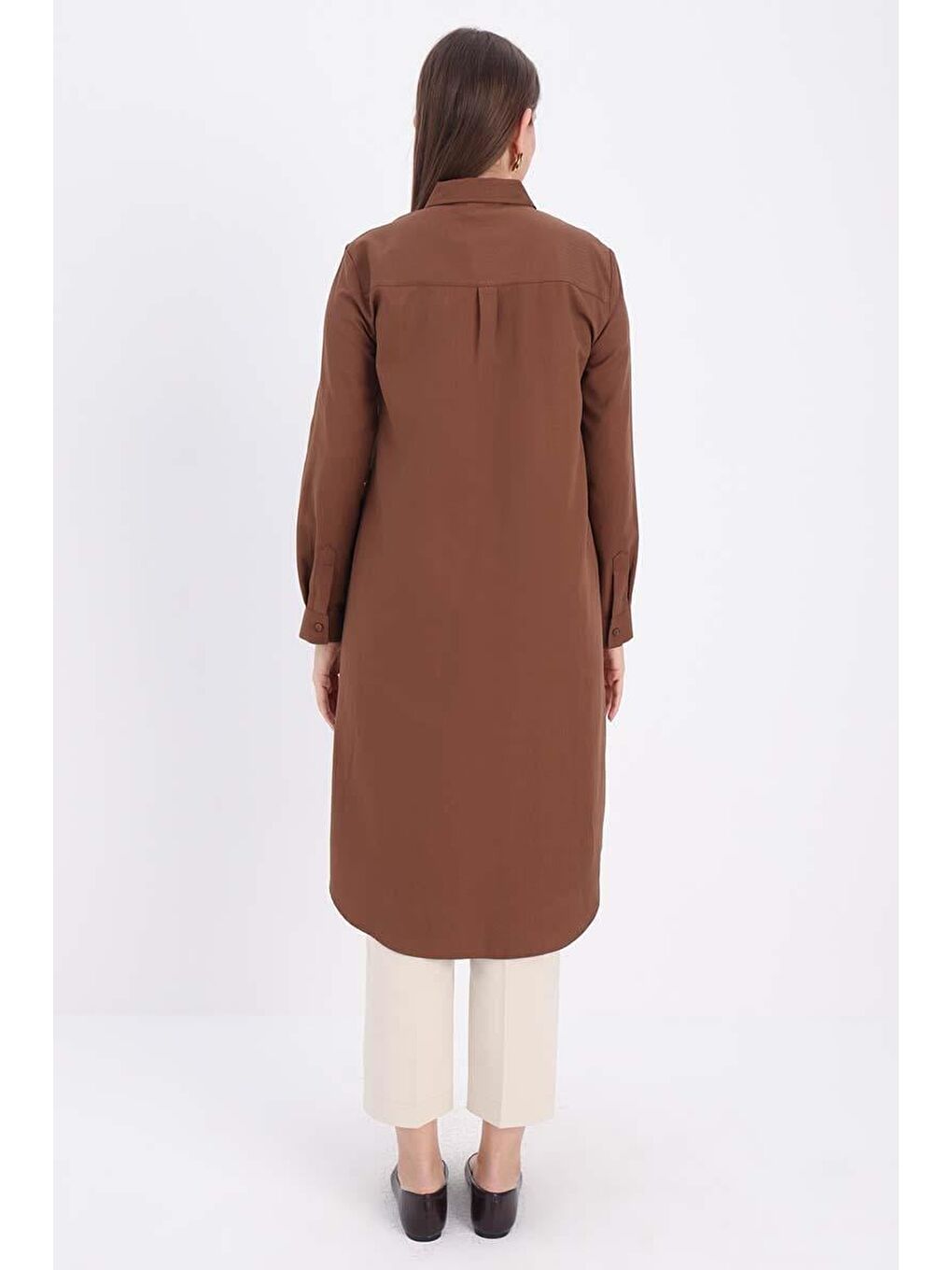Kahverengi Kahve Basic Gizli Patlı Uzun Gömlek-3