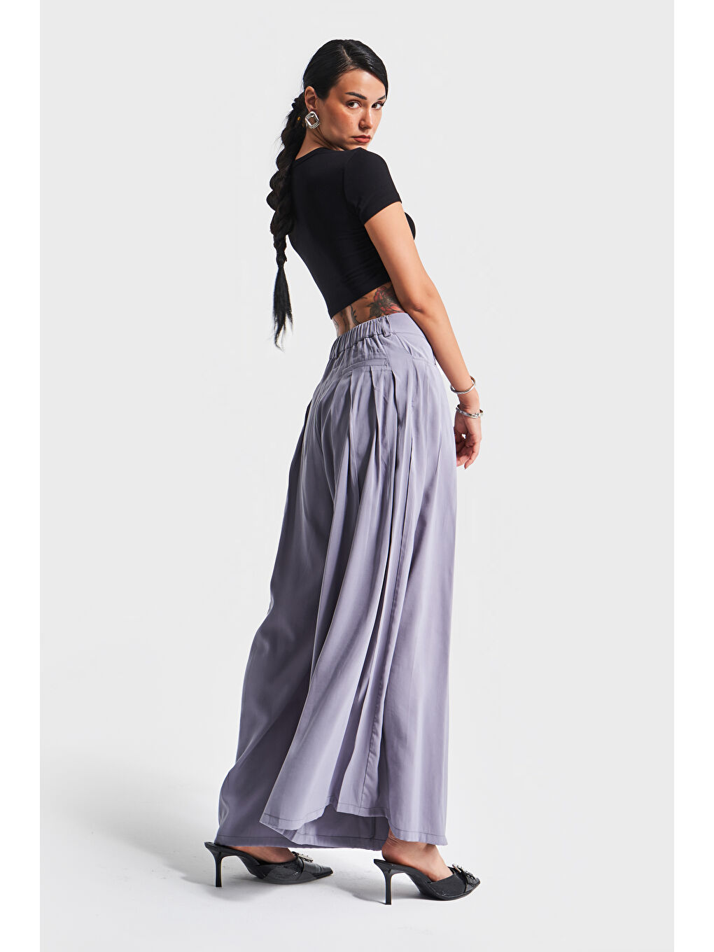 Kadın Açık Antrasit Renk Süper Palazzo Fit Dökümlü Kumaş Tasarım Pantolon-1