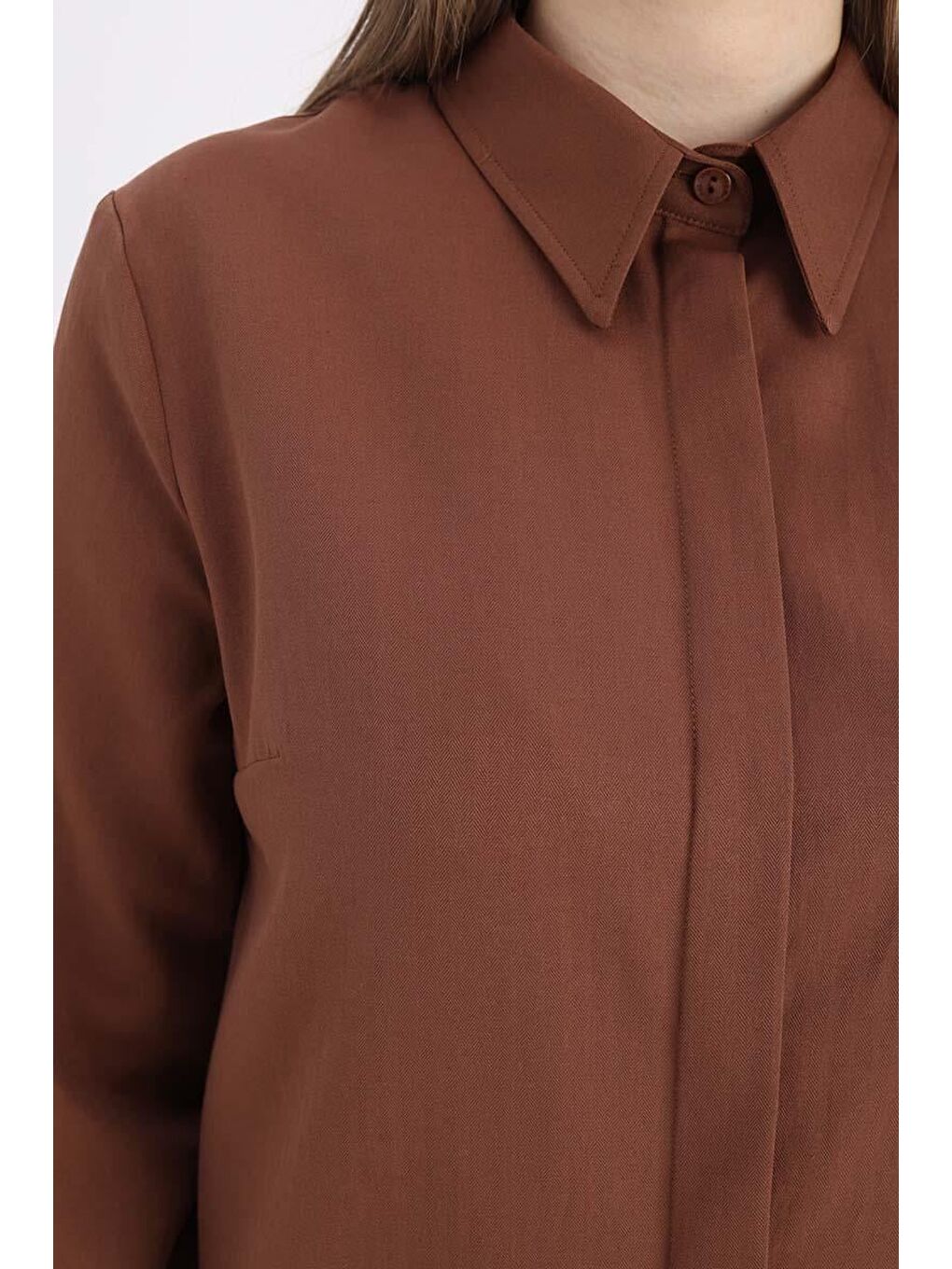 Kahverengi Kahve Basic Gizli Patlı Uzun Gömlek-4