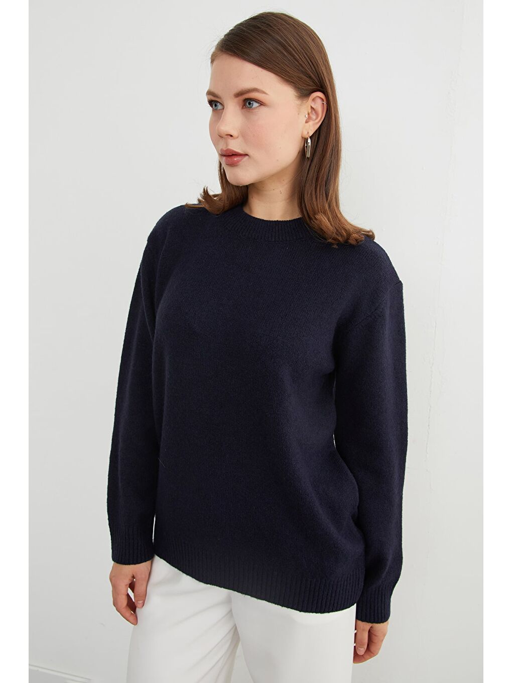 Lacivert Basic Bisiklet Yaka Salaş Triko Kazak