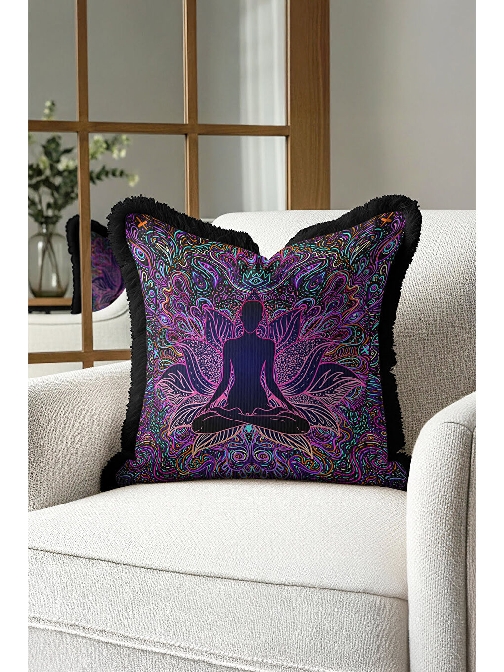 Karışık Mandala Ruhlu Renkli Saçaklı Yastık Kılıfı - Meditasyon Lotus Bohem Mor Püsküllü Kırlent Kılıfı