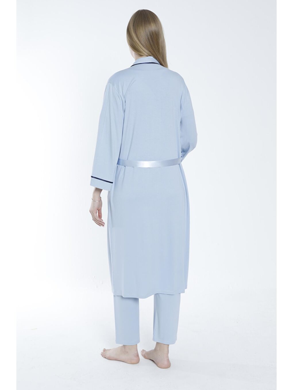 Bebek Mavisi Sabahlıklı Şerit Detaylı Hamile ve Lohusa Pijama Takımı-1