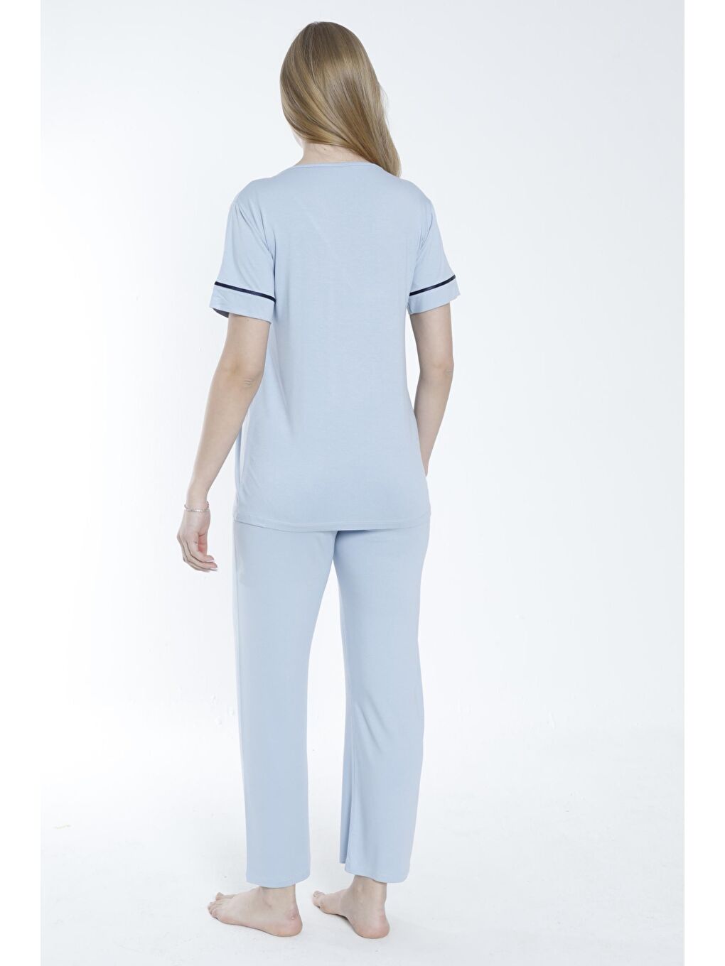 Bebek Mavisi Sabahlıklı Şerit Detaylı Hamile ve Lohusa Pijama Takımı-3