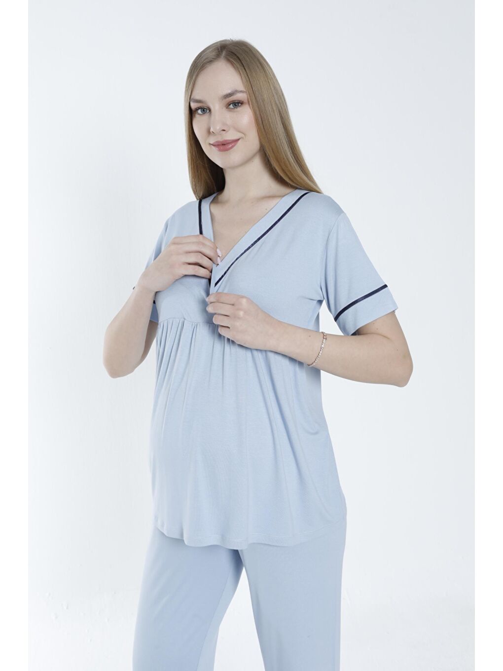 Bebek Mavisi Sabahlıklı Şerit Detaylı Hamile ve Lohusa Pijama Takımı-4
