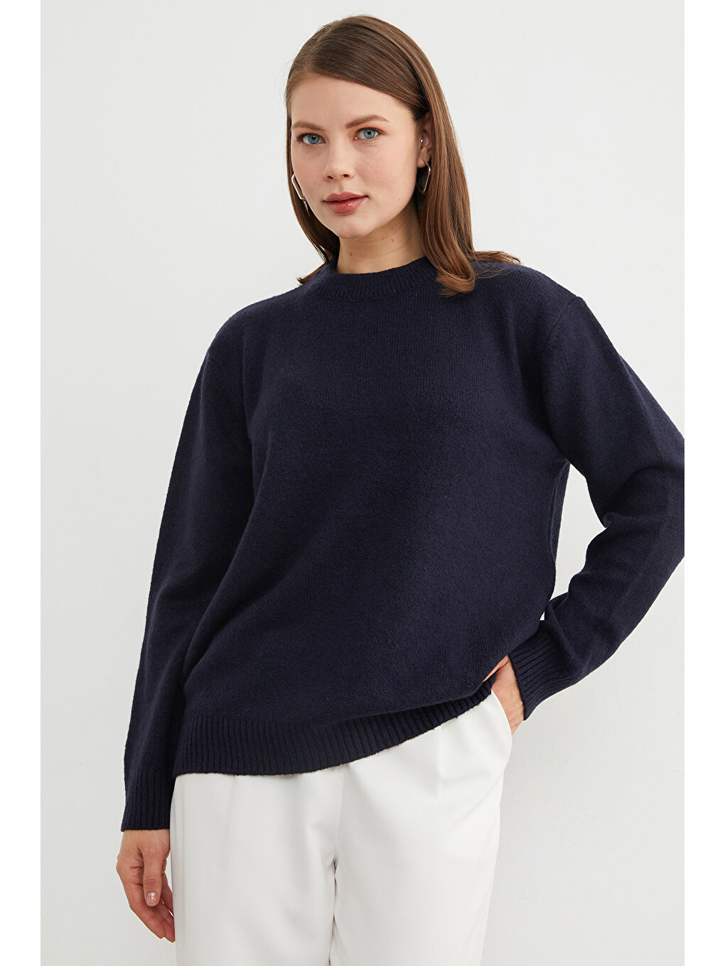 Lacivert Basic Bisiklet Yaka Salaş Triko Kazak-1