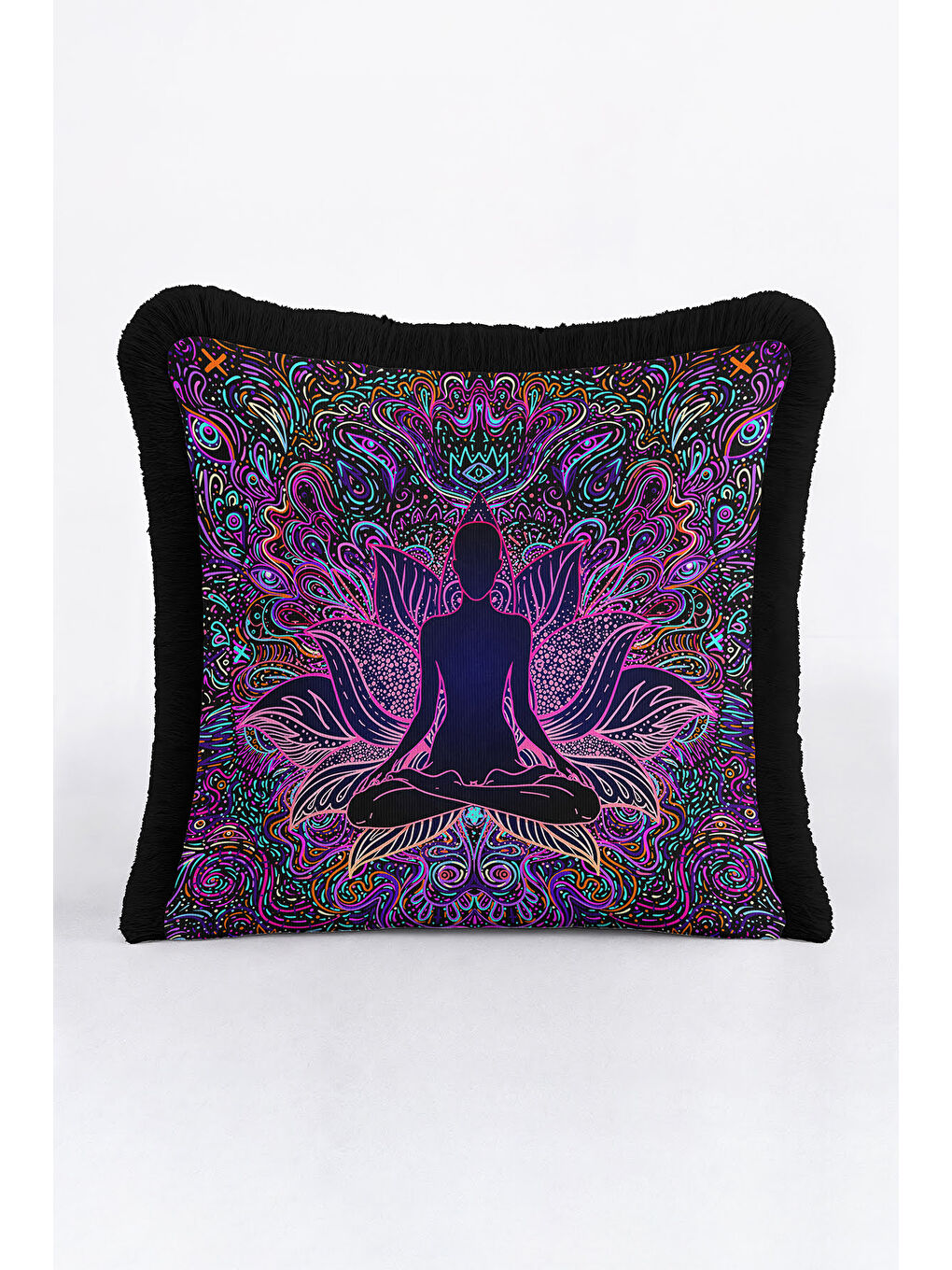 Karışık Mandala Ruhlu Renkli Saçaklı Yastık Kılıfı - Meditasyon Lotus Bohem Mor Püsküllü Kırlent Kılıfı-1