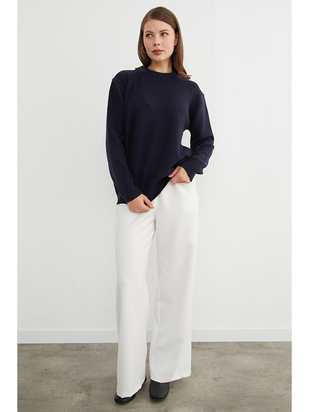 Lacivert Basic Bisiklet Yaka Salaş Triko Kazak-2