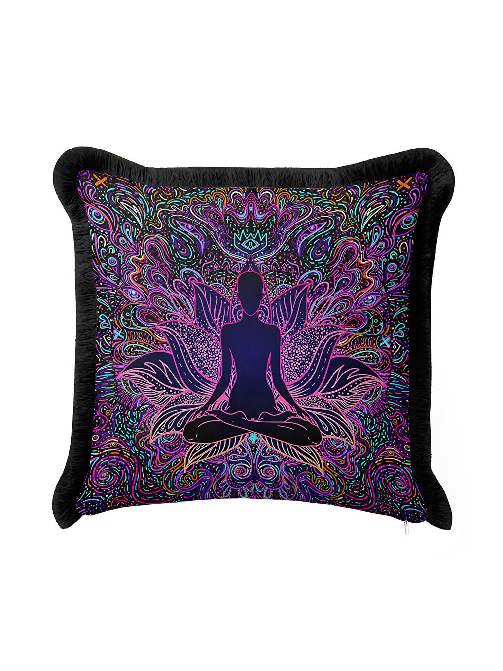 Karışık Mandala Ruhlu Renkli Saçaklı Yastık Kılıfı - Meditasyon Lotus Bohem Mor Püsküllü Kırlent Kılıfı-2
