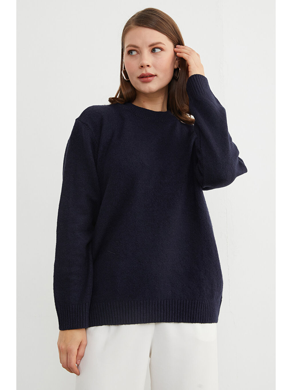 Lacivert Basic Bisiklet Yaka Salaş Triko Kazak-3