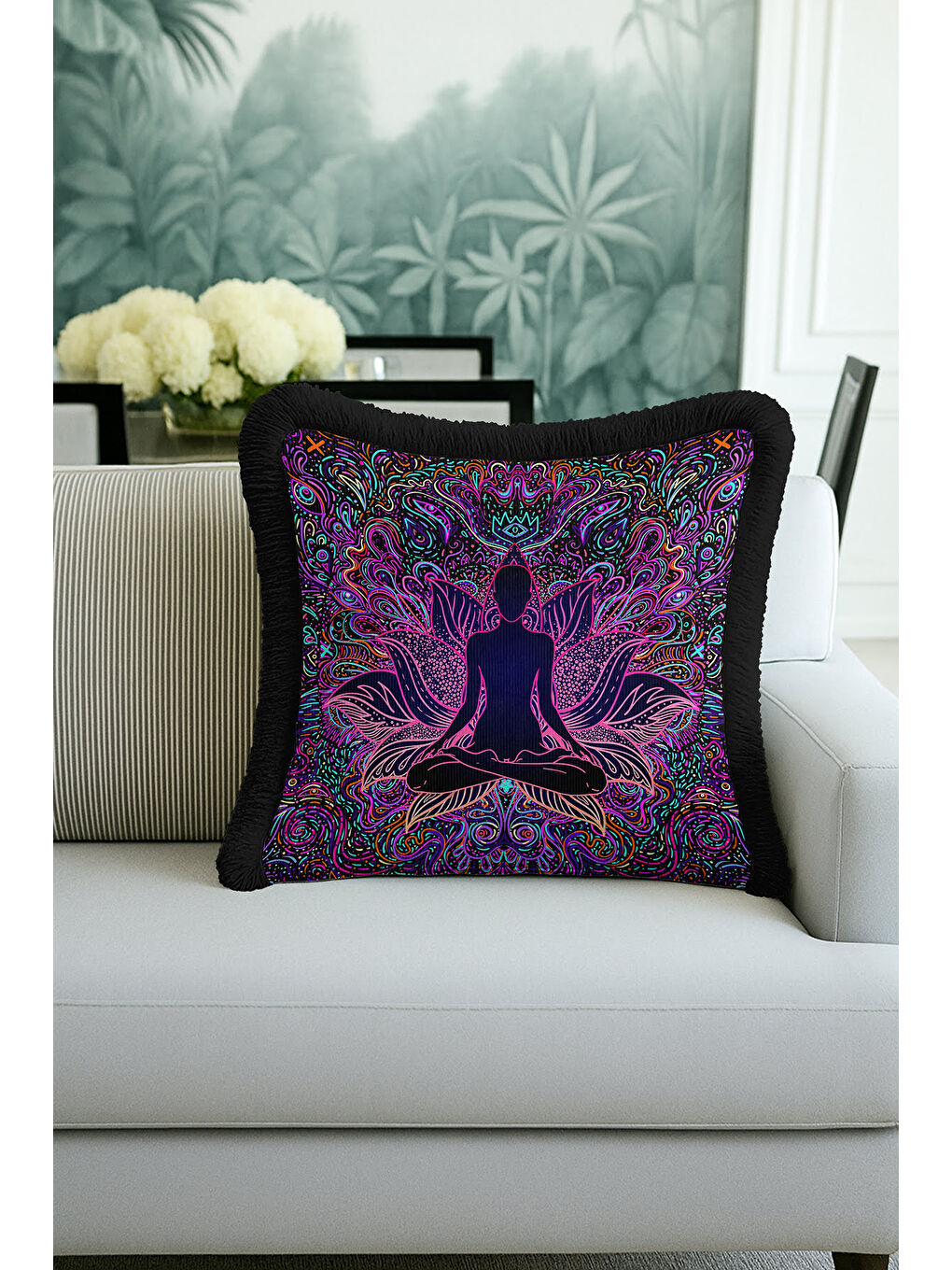 Karışık Mandala Ruhlu Renkli Saçaklı Yastık Kılıfı - Meditasyon Lotus Bohem Mor Püsküllü Kırlent Kılıfı-3