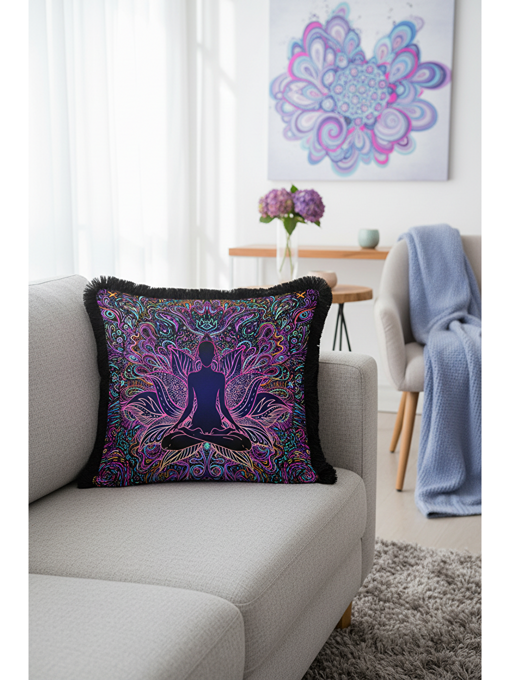 Karışık Mandala Ruhlu Renkli Saçaklı Yastık Kılıfı - Meditasyon Lotus Bohem Mor Püsküllü Kırlent Kılıfı-4