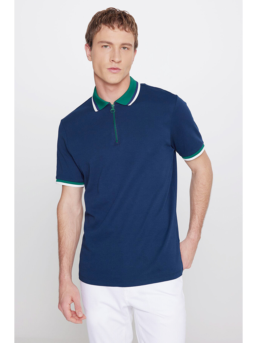Erkek Lacivert-yeşil Regular Fit Geniş Kesim Polo Yaka %100 Pamuk Tişört