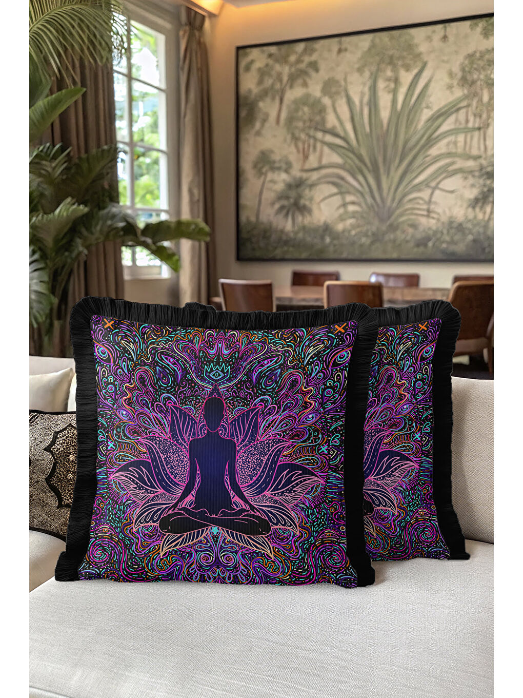 Karışık Mandala Ruhlu Renkli Saçaklı Yastık Kılıfı - Meditasyon Lotus Bohem Mor Püsküllü Kırlent Kılıfı-5